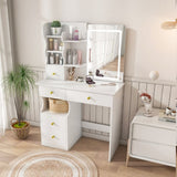 White dressing table, mirror and LED light, 5-drawer dressing table, movable and hidden mirror, 25456089