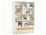 White Rattan Drawer Bookcase 8 Open Cubbies, Freestanding Engineered Wood Storage Display Shelf 16893982