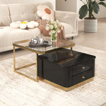 ZUN Modern 2 Pieces Black Square Nesting Coffee Table with Drawers & Electroplated gold legs in 27.6'' 91573413