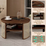 ZUN 2-Tiered Round Walnut Wood Coffee Table with Storage Rattan Base in 31.3'' N735P185131D