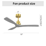 ZUN 52 Inch Indoor Ceiling Fan Without Light 3 Solid Wood Blades Remote Control Reversible DC Motor W882P186028