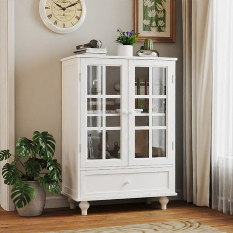 ZUN Minimalist White Buffet Cabinet with Double Glass Doors and Drawer, Modern Wooden Storage Sideboard W2557P189574