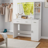 White dressing table with LED 3-color illuminated mirror and power outlet, dressing table with W1320P186696