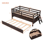 ZUN Low Loft Bed Twin Size with Full Safety Fence, Climbing ladder, Storage Drawers and Trundle Espresso 95642683