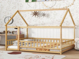 Full Size House Floor Wooden Bed with Roof Frame, Safety Guardrails,Natural W504P370560