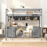 ZUN Full Size Loft Bed with Desk, Cabinets, Drawers and Bedside Tray, Charging Station, Gray 27745550