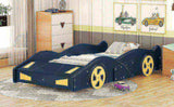Twin Size Race Car-Shaped Platform Bed with Wheels and Storage, Dark BlueYellow WF305759AAC