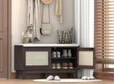 TREXM Boho Rattan Entryway Bench with Storage, Cushioned Shoe Bench with Double Doors, Wooden Shoe N715P308012P