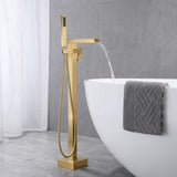 Bathroom Freestanding Waterfall Tub filler Brushed Gold Floor Mount Faucet with Hand Shower W122453939