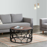 ZUN 32 Inch Round Coffee Table, Mango Wood Top, Lattice Cut Out Metal Frame, Brown, Black B05691253