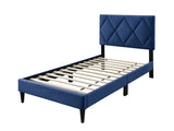 Twin Size Bed w Adjustable Headboard 1pc Bedframe, Navy Blue Velvet Upholstered Youth Bedroom B011P190164