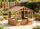 Kids Wooden Outdoor Playhouse, Garden Cottage with Flower Pot Holder & Working 08972095