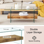 ZUN 43.3 Inch Modern Two-Tier Coffee Table - An Elegant Combination of Clear Glass and Light Wood W2920P226066