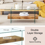 ZUN 43.3 Inch Modern Two-Tier Coffee Table - An Elegant Combination of Clear Glass and Light Wood W2920P226066