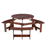 ZUN Outdoor 6 Person Picnic Table, 6 person Round Picnic Table with 3 Built-in Benches, Umbrella Hole, 21425761