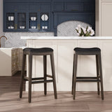 30" Bar Height Saddle Stool, Weathered Gray Finish, Black Leather Seat B046109807