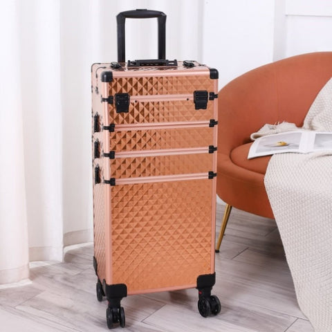 ZUN 4-in-1 Draw-bar Style Interchangeable Aluminum Rolling Makeup Case-Rose Gold 70986434