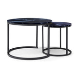 Set 2 Coffee Table Nesting Black top Black Frame Circular Round and Marble Pattern Wooden Tables, 62287079