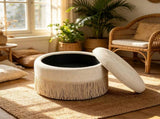 Round Storage Ottoman Bench, 23.23 Inch Upholstered Footstool with Tassel Fringe, 300 lbs W5501P548365