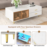 Modern White Coffee Table with 2 Glass Door Storage, 4 Drawers, Gold Metal Legs, and Multi-Color N735P167909