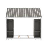 Wooden Twin Size House Bed with Fence and Roof, Kids Floor Bed with Two Movable Wardrobes, Gray N733P240134E