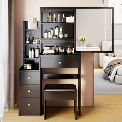 ZUN Small Space Left Bedside Cabinet Vanity Table + Cushioned Stool, Extra Large Right sliding mirror, W936140179