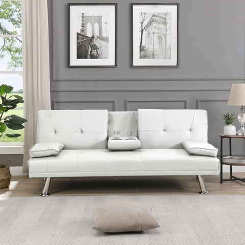 ZUN Sofa Bed with Armrest two holders WOOD FRAME, STAINLESS LEG, FUTON WHITE PVC W2297P164962