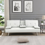 ZUN Sofa Bed with Armrest two holders WOOD FRAME, STAINLESS LEG, FUTON WHITE PVC W214104918