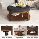 Modern Large Round Ottoman Coffee Table 2-Tier Oversized Button Tufted Ottoman with Wood Shelf N735P180224B