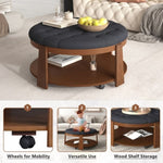 ZUN Modern Large Round Ottoman Coffee Table 2-Tier Oversized Button Tufted Ottoman with Wood Shelf N735P180224B