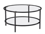 2-Tier Round Coffee Table, Glass Top, Iron Frame, 25.6"25.6"19.3", Matte Black 19047100