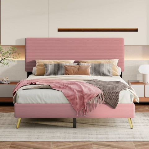 ZUN Queen Size Corduroy Upholstered Bed Frame, Platform Bed with Horizontal Stripe Headboard, No Box 09037267