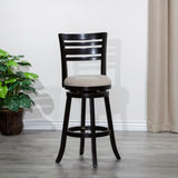 30" Bar Height Slat Back Swivel Stool, Espresso Finish, Beige Fabric Seat B04660689