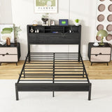 Full Size Bed Frame with Storage Headboard, Metal Platform Bed with Charging Station, Bookcase W840P241043