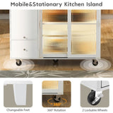 Kitchen Island with Drop Leaf, LED Light Kitchen Cart on Wheels with 2 Fluted Glass Doors and 1 Flip WF311171AAW