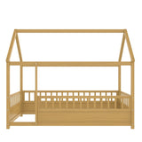 Twin Size Floor Wooden Bed with House Roof Frame, Fence Guardrails, W1858P310084