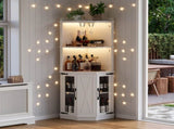 67.3" Corner Bar Cabinet with Power Outlet, Farmhouse Wine Bar Cabinet with Adjustable Shelves for 24661580