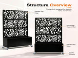 70.87" H 46.06" W Leaf Pattern Privacy Screen with Planter Box, Black Metal Freestanding 54051391