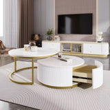 Modern Round Nesting Coffee Table Fluted with Drawer in White & Gold in 27.6" N735P254992K