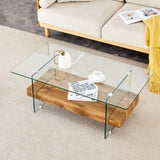 ZUN 43.3 Inch Modern Two-Tier Coffee Table - An Elegant Combination of Clear Glass and Light Wood W2920P226066