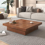 ZUN Square Marble Veneer Coffee Table Sliding Top with Storage in Walnut 39.4'' WF322094AAD