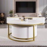 Modern Round Nesting Coffee Table Fluted with Drawer in White & Gold in 27.6" N735P254992K
