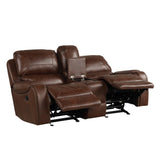 Achern Brown Leather-Air Nailhead Manual Reclining Sofa and Loveseat with Storage Console and USB T2574P198807