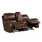 ZUN Achern Brown Leather-Air Nailhead Manual Reclining Loveseat with Storage Console T2574P198805