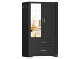 Black Wardrobe Closet with Mirror Door, 2 Doors & 2 Drawers Storage Cabinet with LED Sensor Light, 59491281