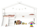 Twin Low Loft House Bed with Slide, Ladder, Safety Guardrails, House Roof Frame,White W504P145316