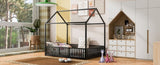 Full Size Metal House Bed with Fence and Door, Black MF315933AAB