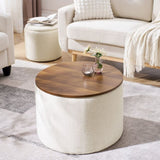 ZUN 2-Piece Set Round Chenille Storage Ottoman, Equipped with a Drum Shaped Small Stool, Storage Space, W487P179601