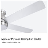 ZUN 52" Low Profile Ceiling Fan in Brushed Nickel with Silver Blades W1367P185769