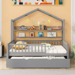 ZUN Wooden Full Size House Bed with Twin Size Trundle,Kids Bed with Shelf, Gray 12696827